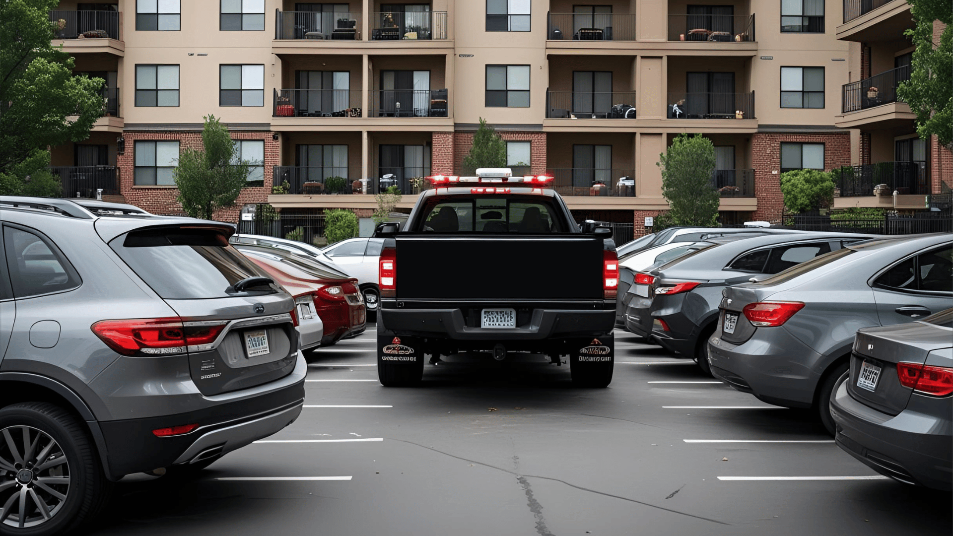 towing enforcement truck scanning cars in apartment building parking lot
