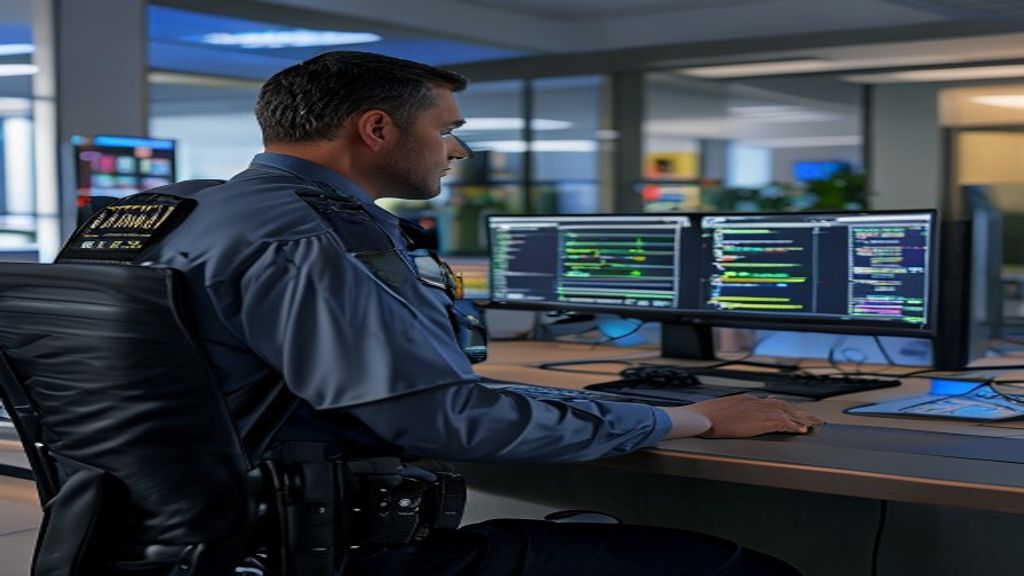 School security officer monitoring campus safety software dashboard on computer screen