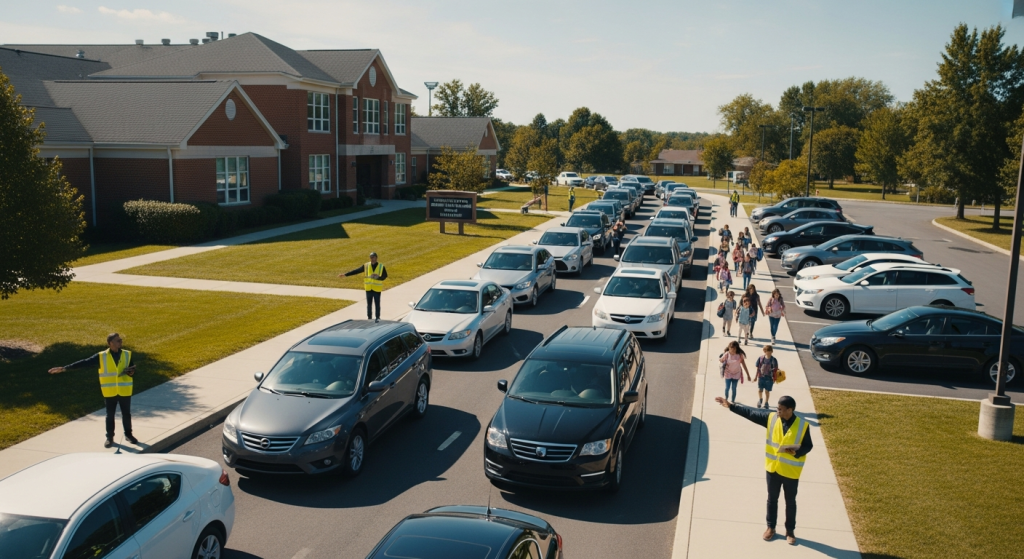 Well-organized elementary school pickup line with efficient dismissal process