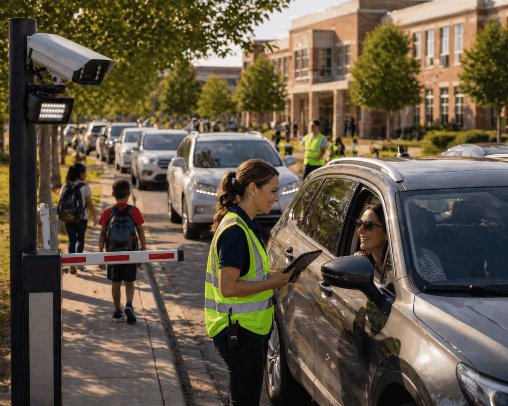 a camera system mounted at a school entrance, with a staff member looking at a digital queue display on a tablet, a parent's car pulling forward smoothly, a child walking out calmly