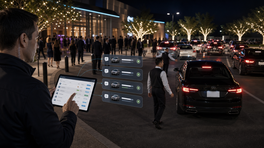 Busy event valet operation with tablet dispatch and SMS pickup queue