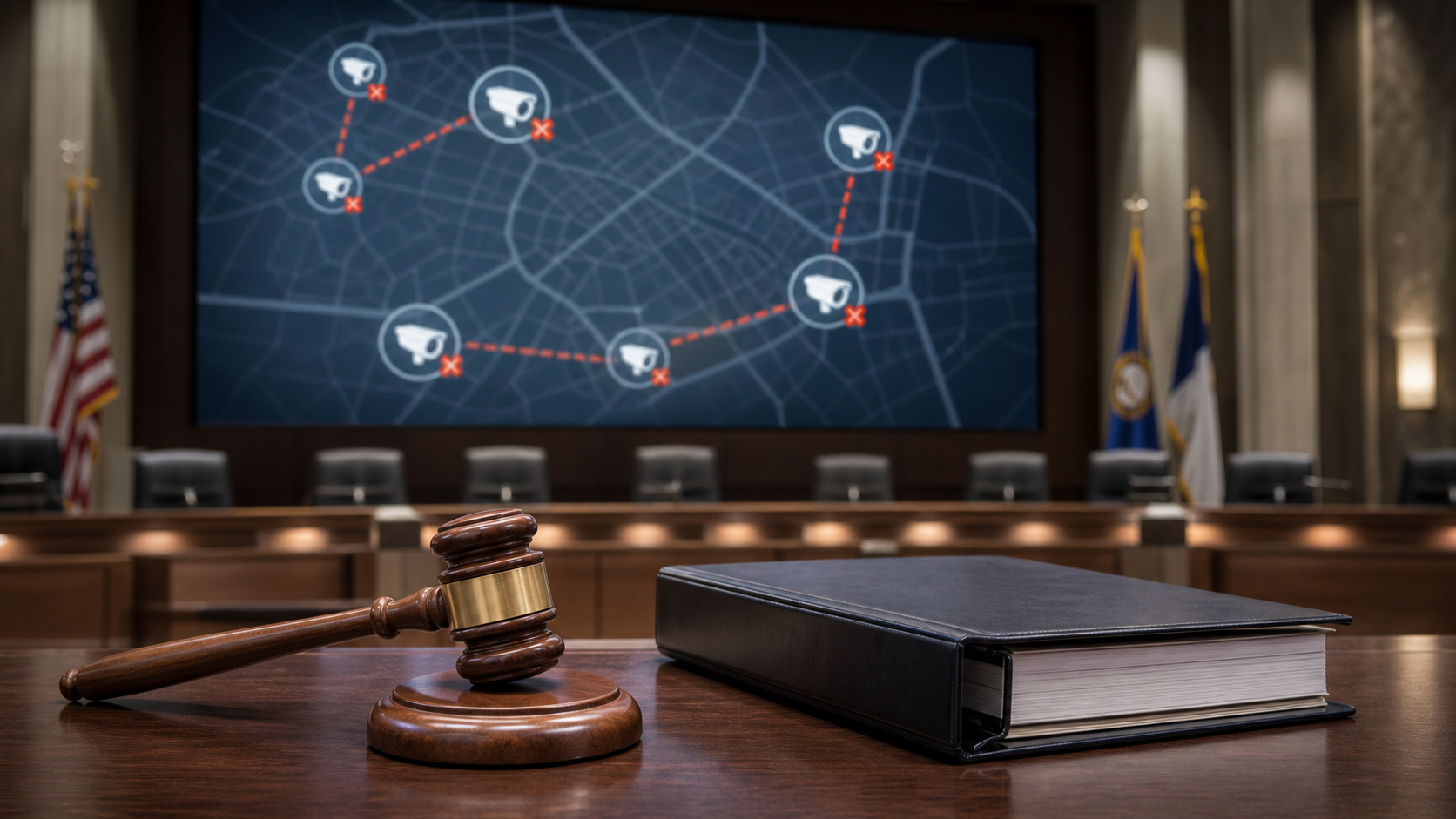 Municipal council chamber with disconnected camera network map representing canceled LPR contracts