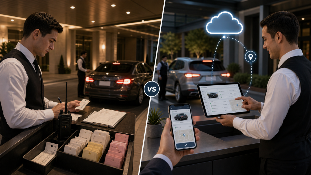 Cloud valet software compared with traditional paper ticket valet workflow