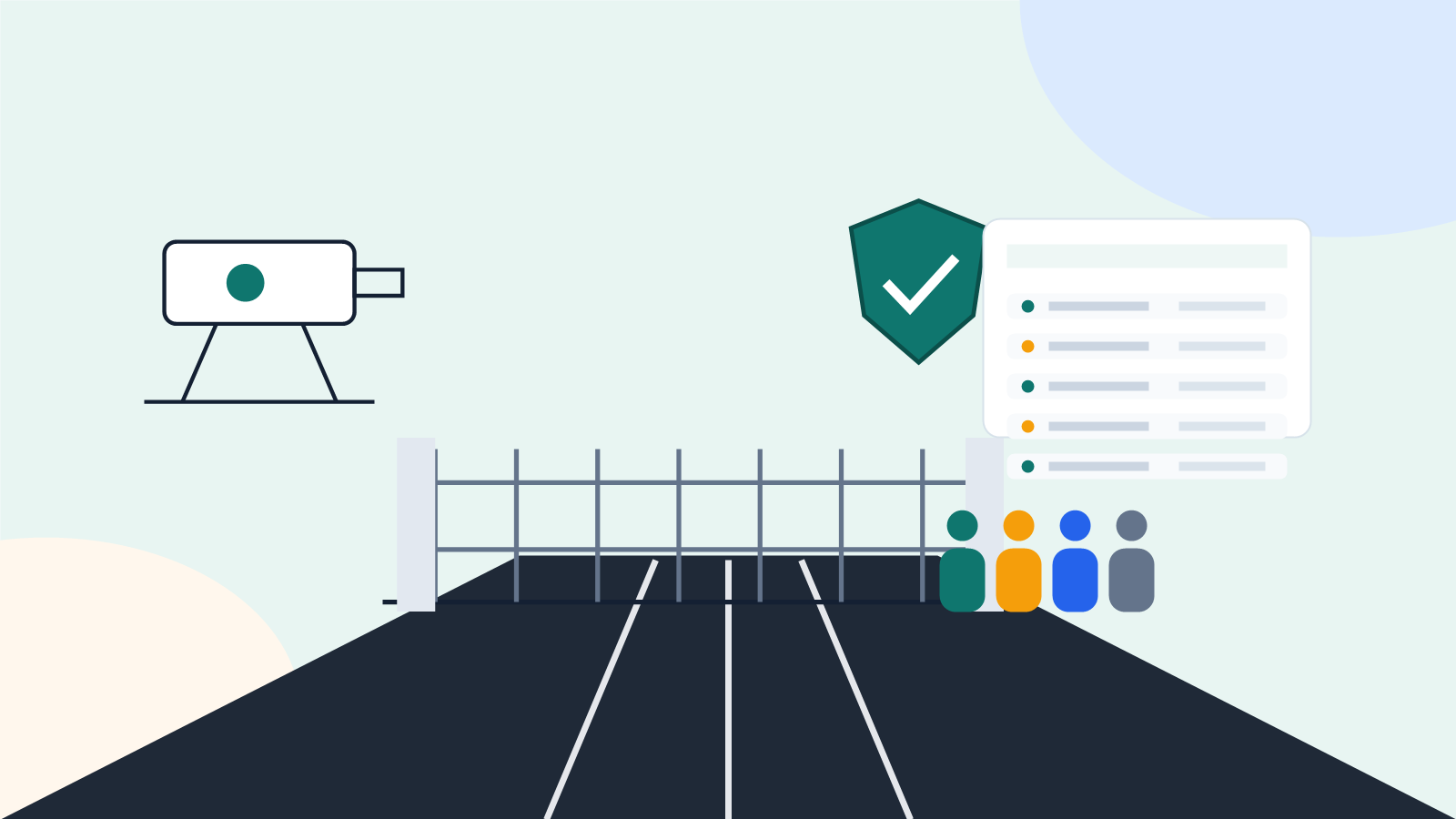 Balanced community security and privacy protection illustration with gated entrance and local control dashboard