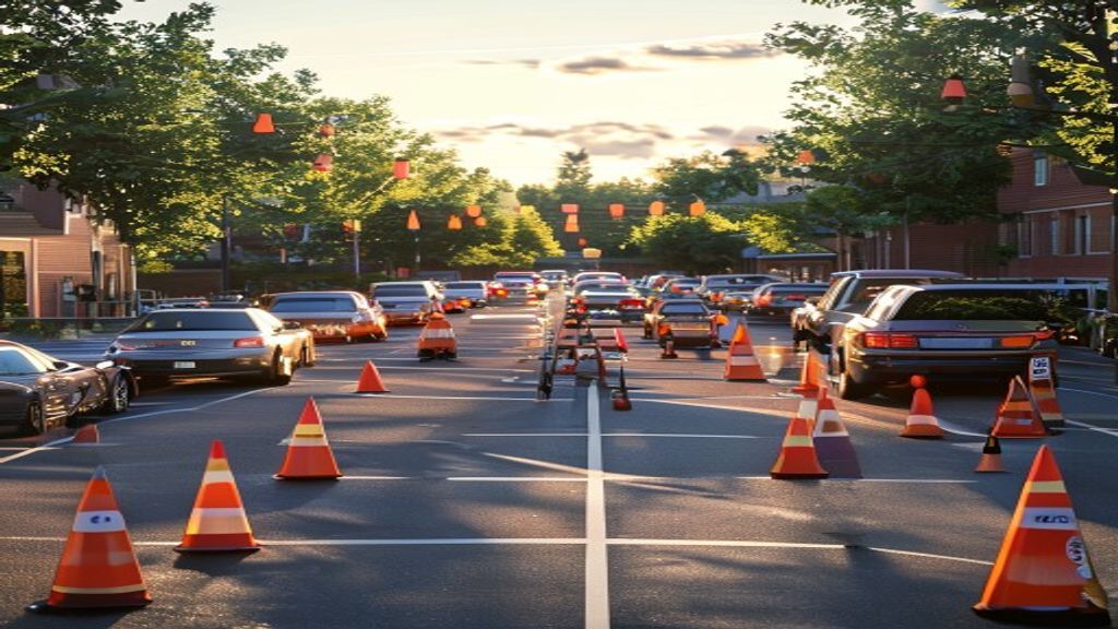 School carline with traffic cones and staff directing vehicles outside elementary school