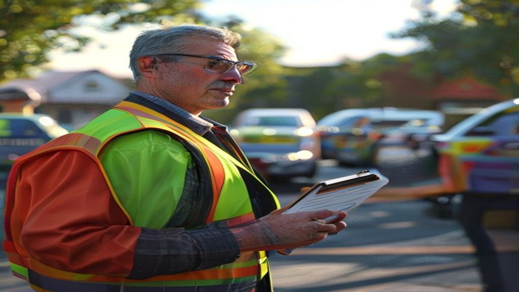 School administrator with clipboard checking safety checklist at carline entrance