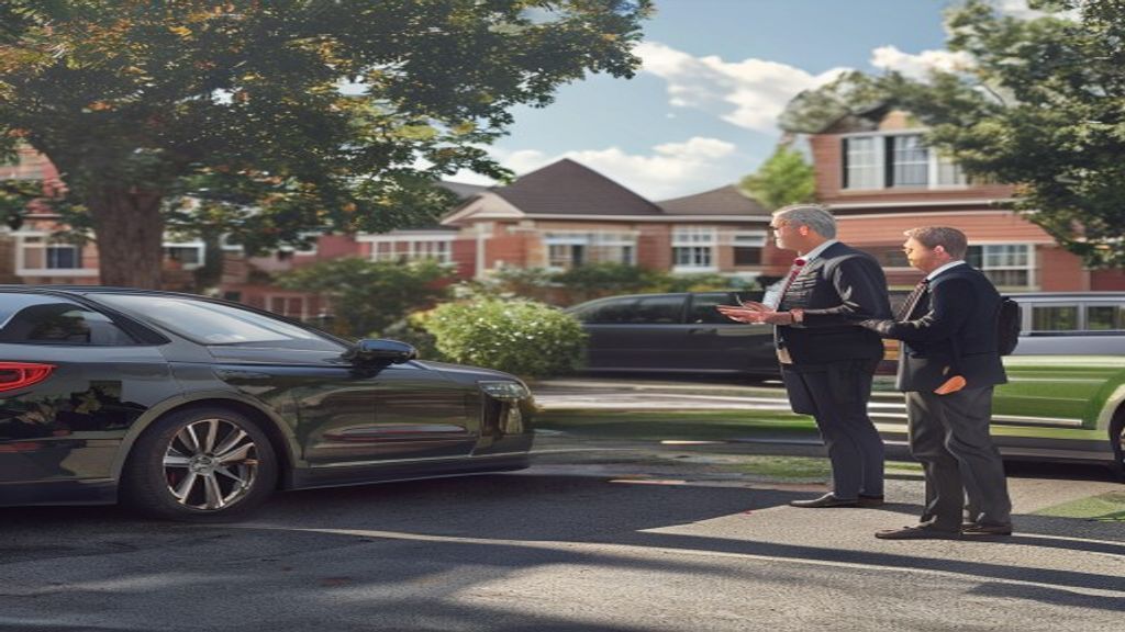 School principal speaking with parents beside a car pickup line at school entrance
