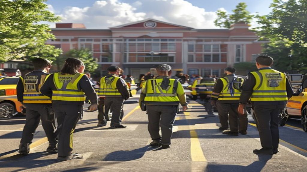 School security staff managing student dismissal at school entrance in safety vests