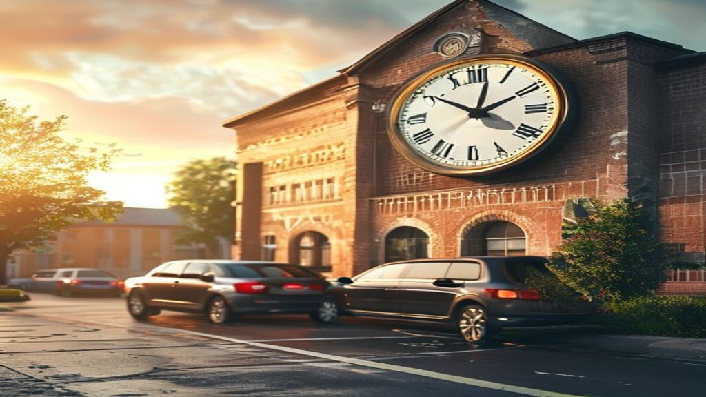 Clock on school building wall with car pickup line in foreground representing dismissal timing
