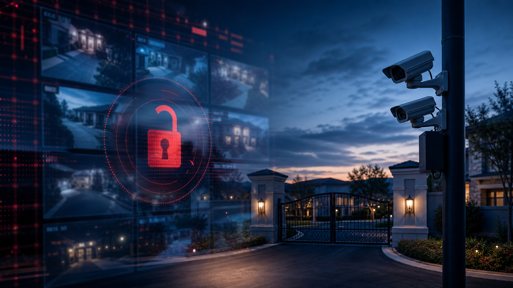 HOA gate security camera with cybersecurity warning overlay representing exposed live camera feeds
