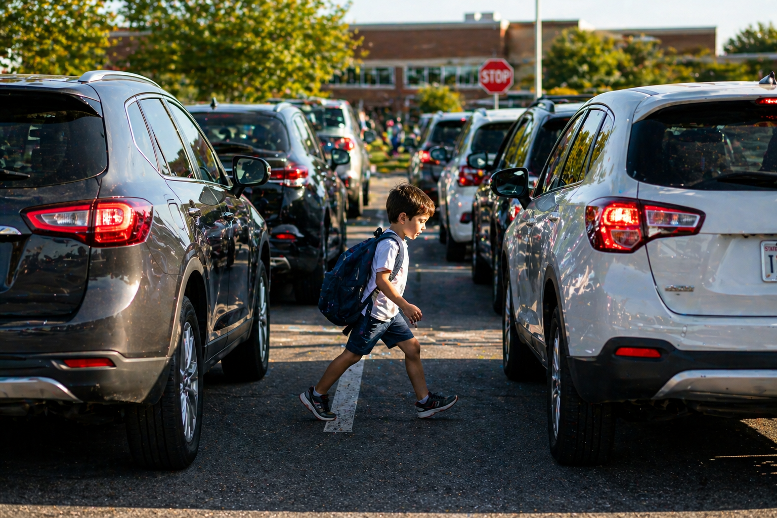 a child crossing between slow-moving cars in a school zone at dismissal time