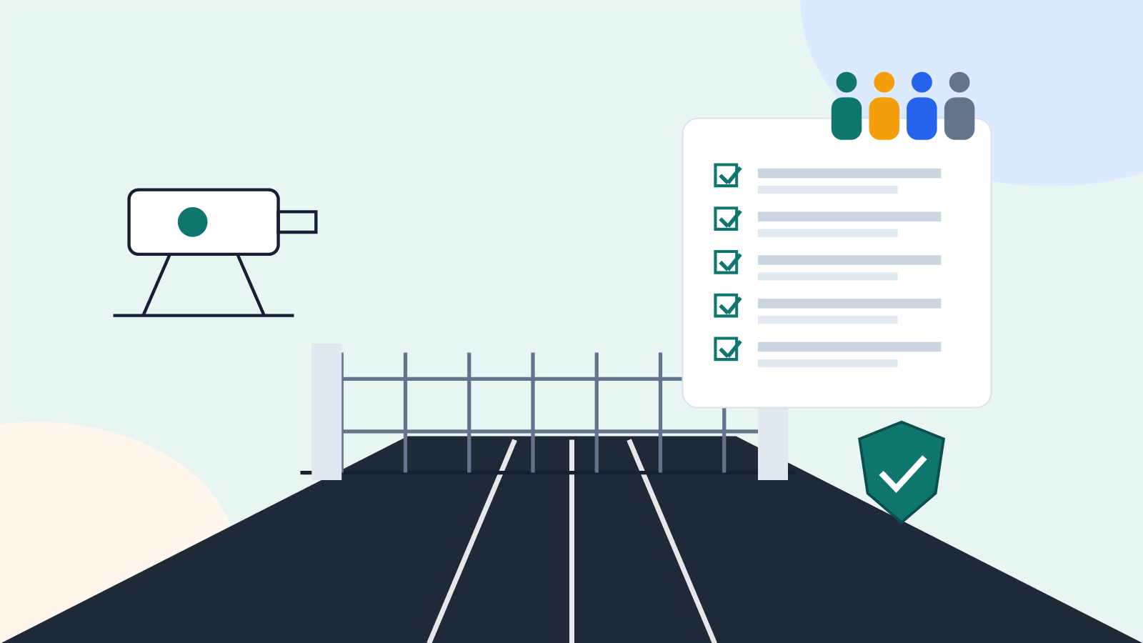 HOA camera privacy policy document with icons for retention, access logs, resident notice, and data sharing limits