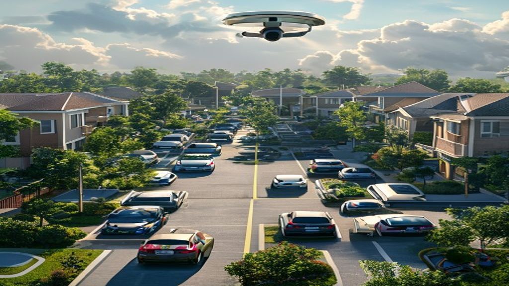 HOA residential community parking area with overhead security camera monitoring vehicles