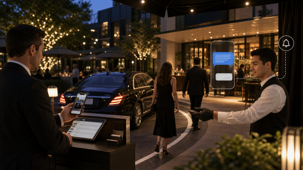 Restaurant valet parking workflow with phone plate scan and SMS pickup