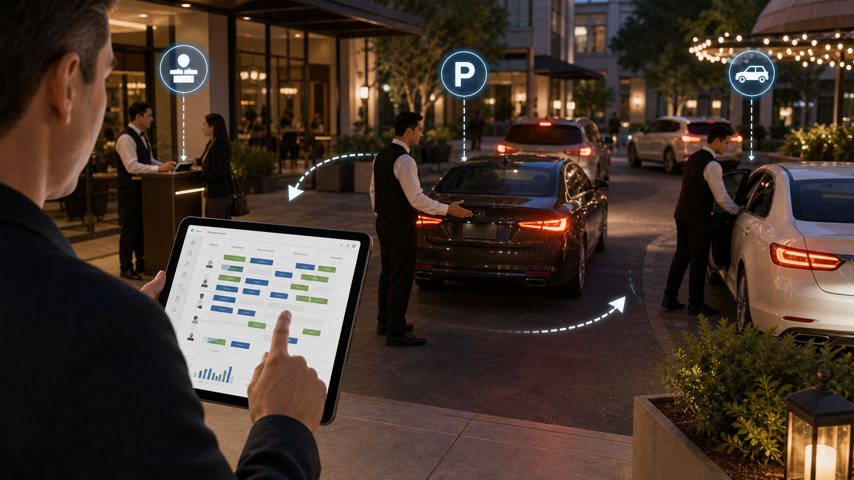 Valet staffing plan with attendants assigned to check-in parking and retrieval