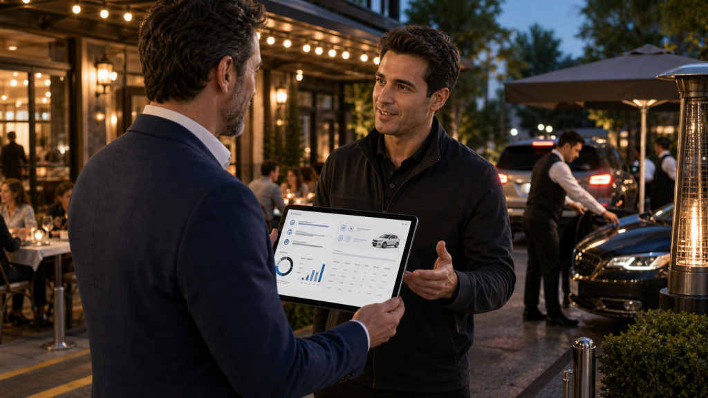 Valet company and restaurant owner reviewing service pricing proposal