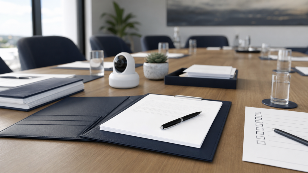HOA boardroom contract cancellation checklist with security camera model and legal documents