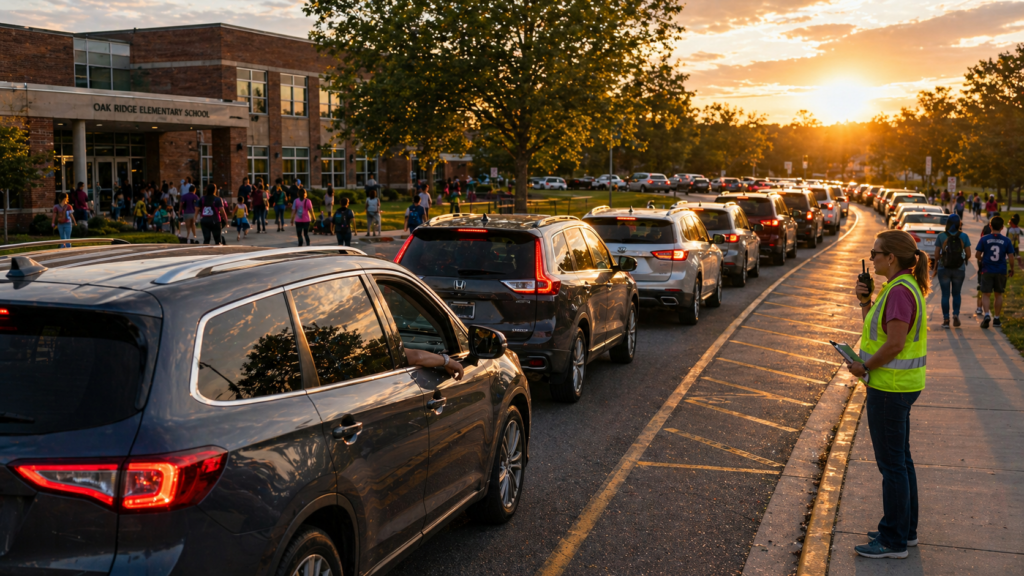 A frustrated parent waiting in a long, chaotic line of cars at a school entrance