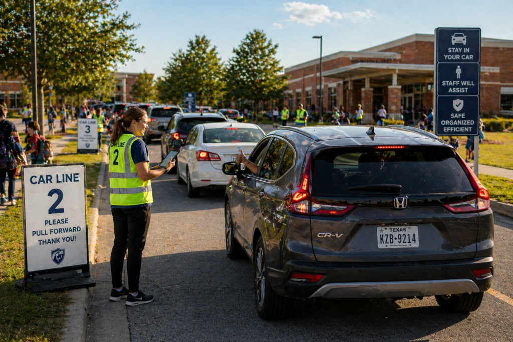 A clean, organized school pickup line with a child walking calmly toward a single car at the curb, guided by a staff member holding a digital tablet showing a vehicle queue