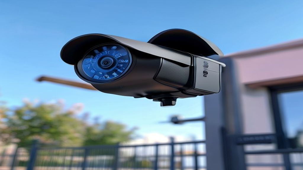 Modern IP security camera mounted at a school entrance gate for license plate recognition