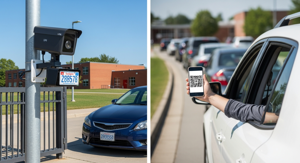License plate recognition camera vs QR code comparison for school pickup