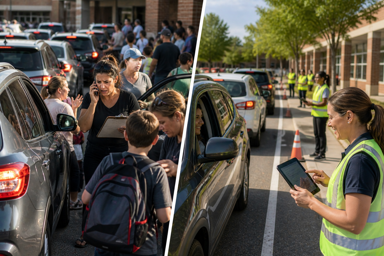 comparison of two pickup methods: one pickup line is chaotic since it requires a stressed school staff member to look through a long list of names. the other pickup point, where a staff member uses a digital display, is calm and organized