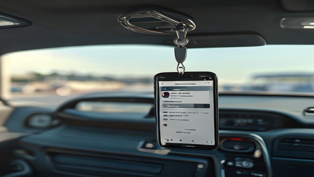 Paper carpool tag on rearview mirror compared to smartphone digital dismissal app