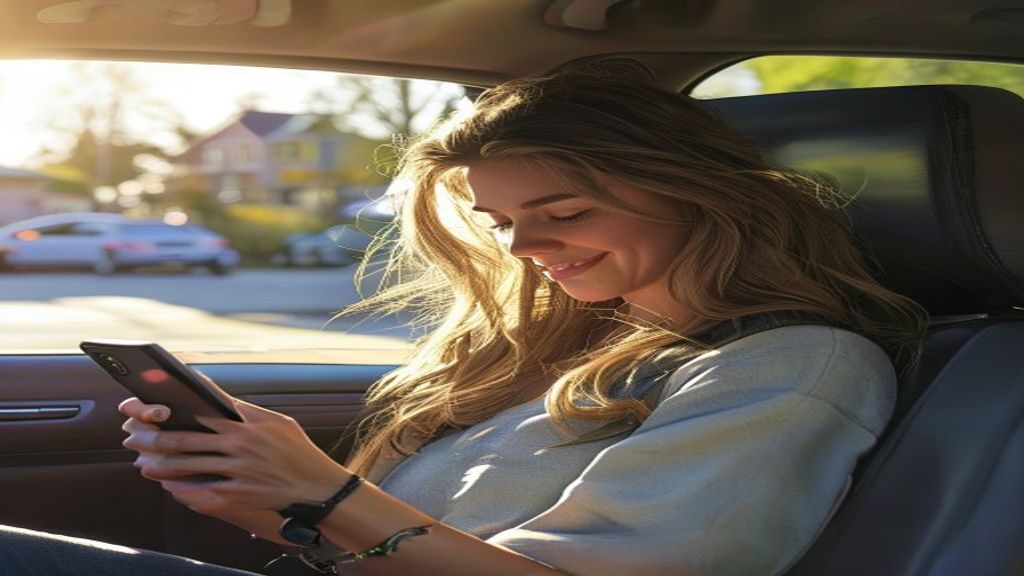 Mother using a smartphone dismissal app in car during school pickup line