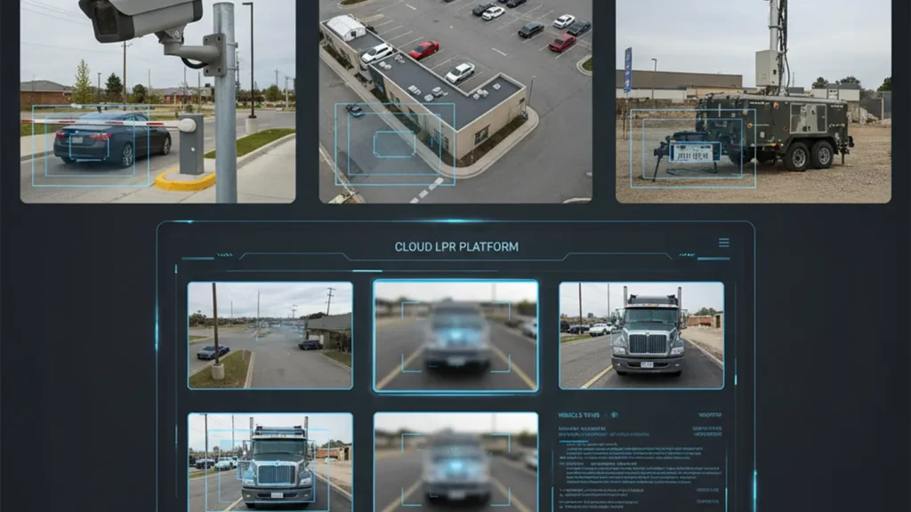 Hardware-agnostic LPR platform connected to fixed cameras, gate cameras, and solar trailers