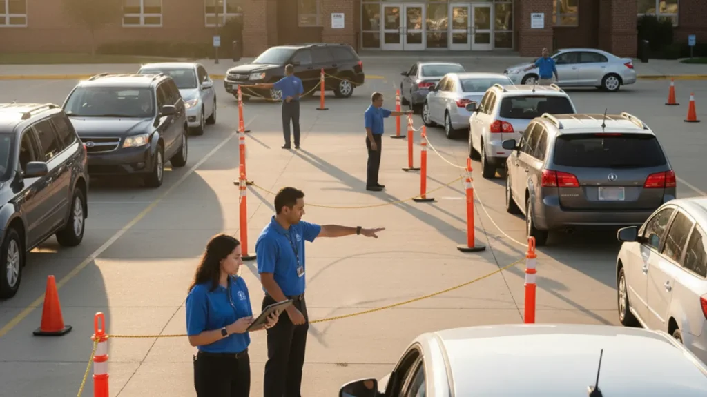 School car rider dismissal software with staff tablet and organized pickup lane