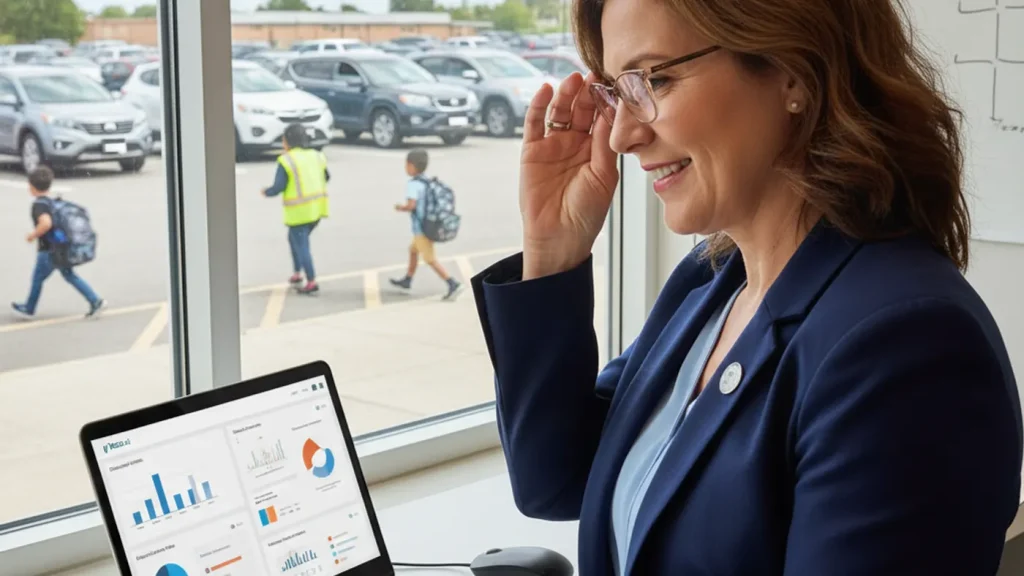 School administrator reviewing a dismissal management dashboard for parent pickup