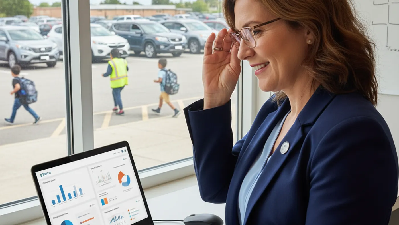 School administrator reviewing a dismissal management dashboard for parent pickup