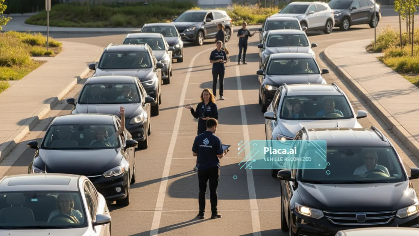 School pickup line software with staff tablet and vehicle recognition workflow