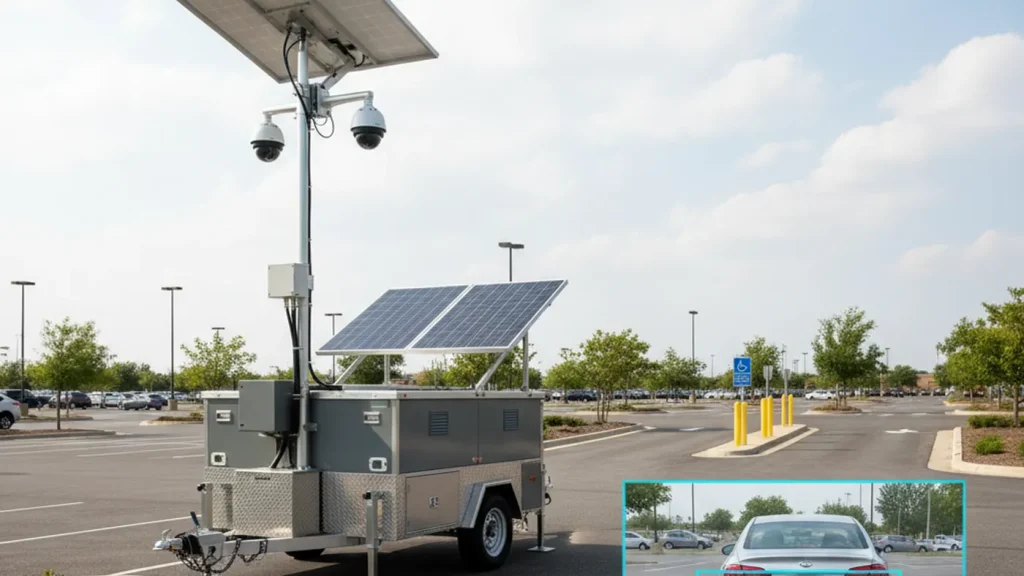 Solar trailer camera system using Placa.ai license plate recognition in a commercial parking lot