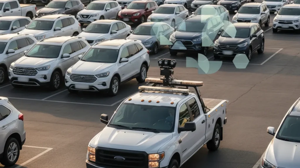 Unbranded tow truck camera license plate reader scanning vehicles during a parking enforcement patrol