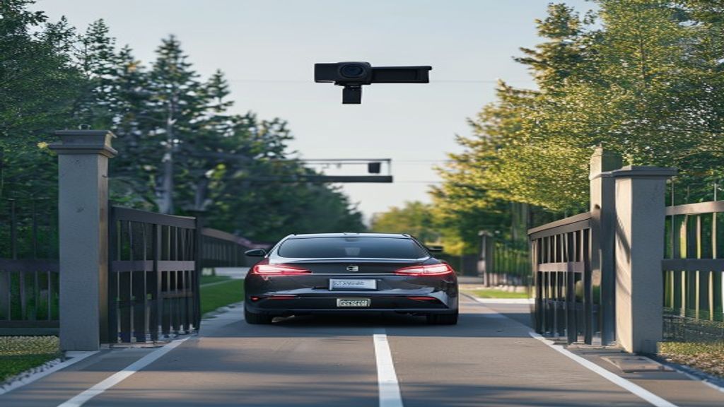 Vehicle approaching a gated community entrance with LPR camera reading the license plate