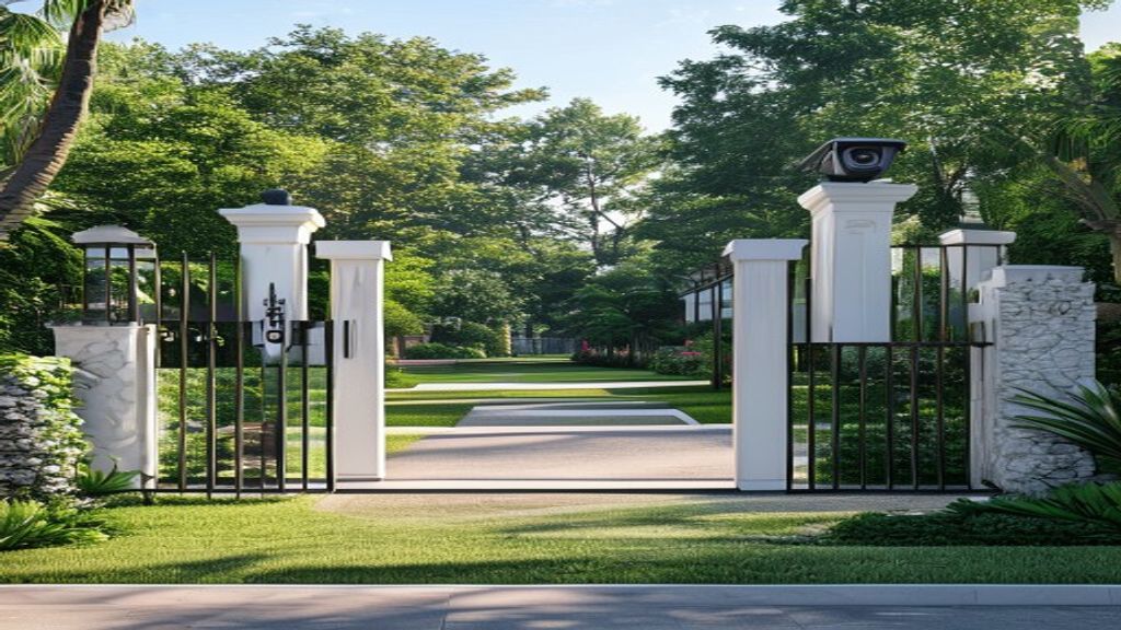 Gated HOA community entrance with security camera and barrier arm for automated vehicle access control