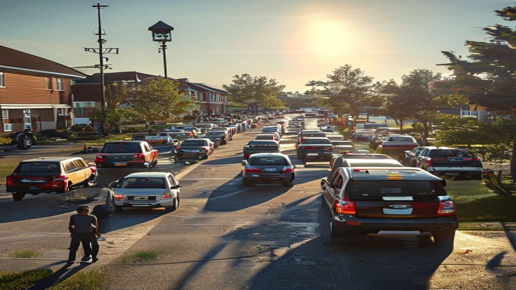 School car pickup line with overhead security camera for license plate-based dismissal management