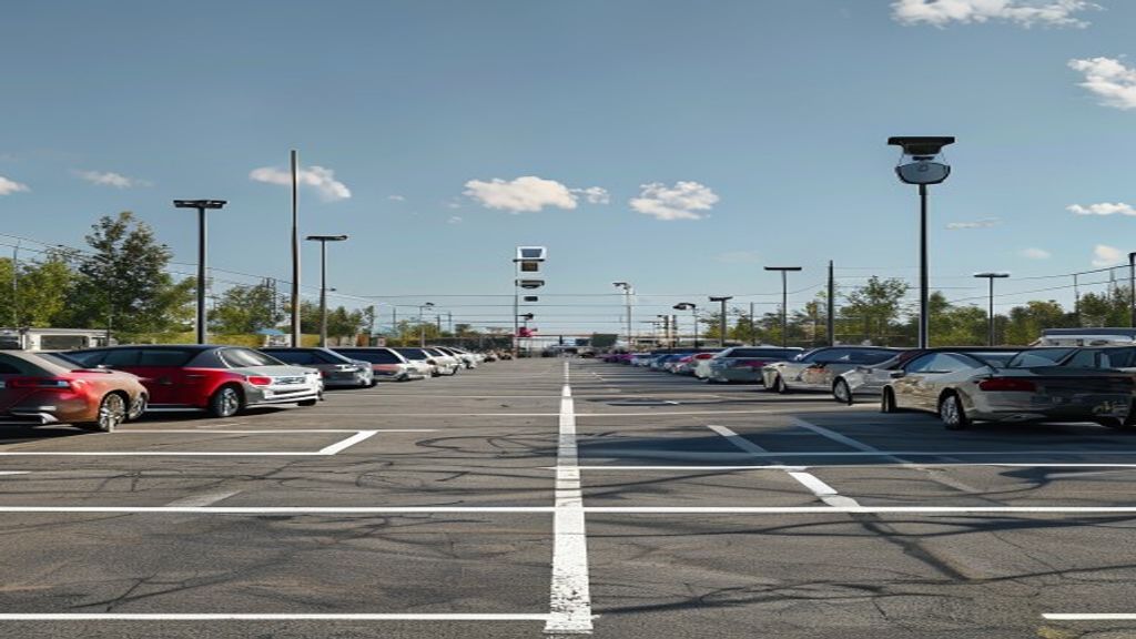 Commercial parking lot with IP camera for automated permit verification and time-limit enforcement