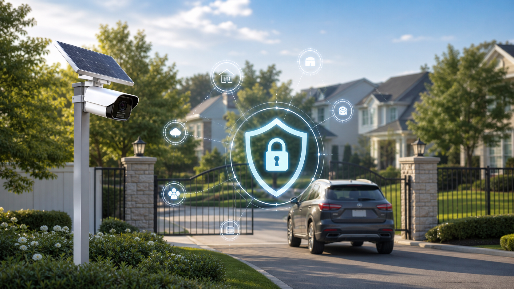 Privacy-first HOA license plate recognition camera with shield icon and local data protection concept