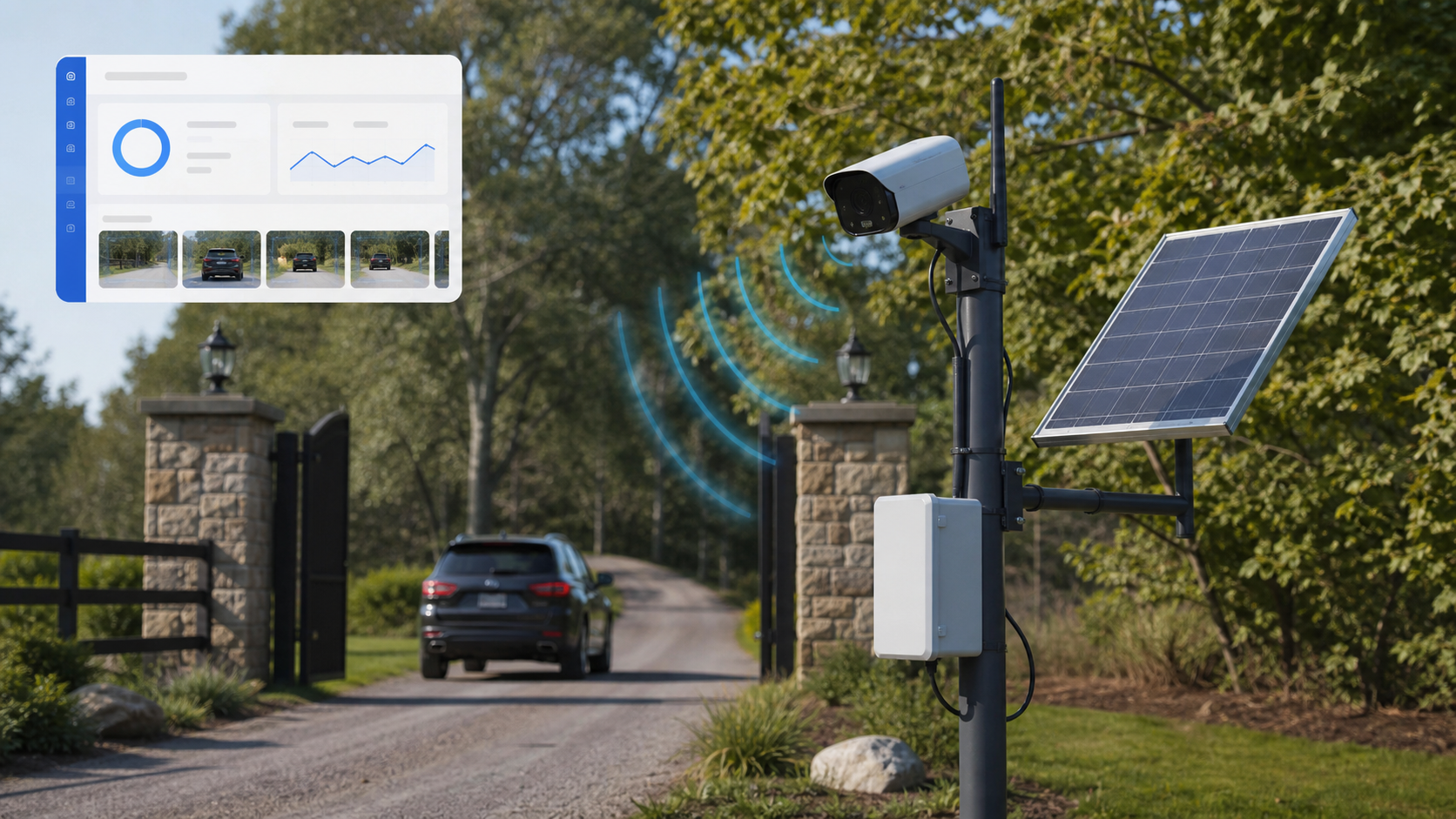 RadarCam Lite solar cellular radar-triggered LPR camera at a private entrance