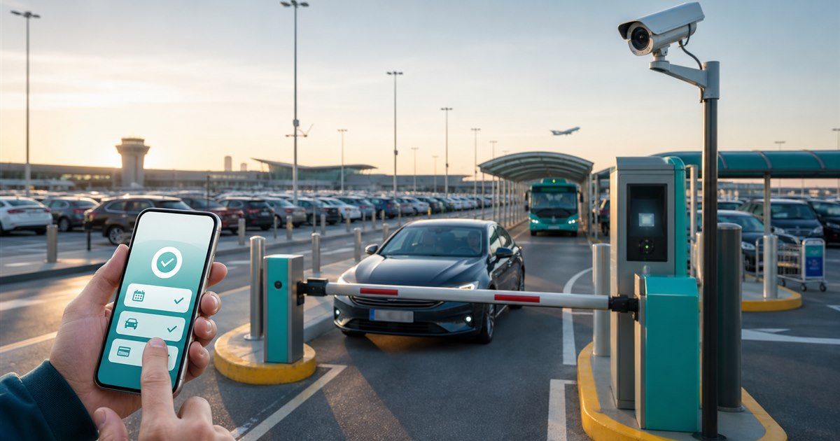 Airport long-term parking entrance with smartphone icons and license plate recognition camera