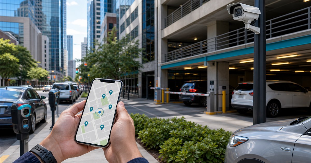 Downtown parking scene with meters, garage entrance, smartphone, and LPR camera