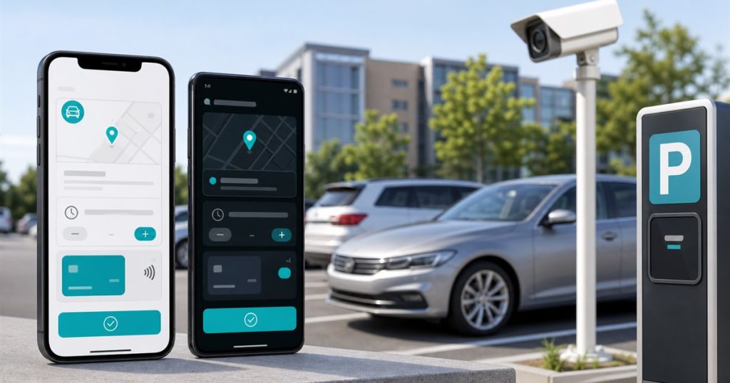 Two smartphones showing generic parking payment screens in a modern LPR-enabled lot