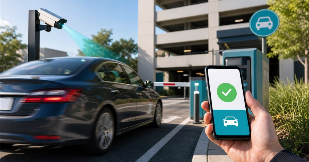 Fast mobile parking payment at a commercial lot entrance with license plate recognition