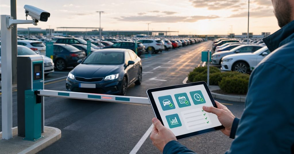 Long-term airport parking lot with license plate recognition and mobile permit validation