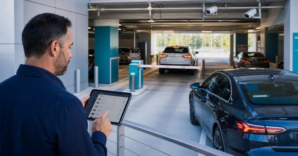 Monthly parking permits managed with tablet dashboard and license plate recognition in a garage