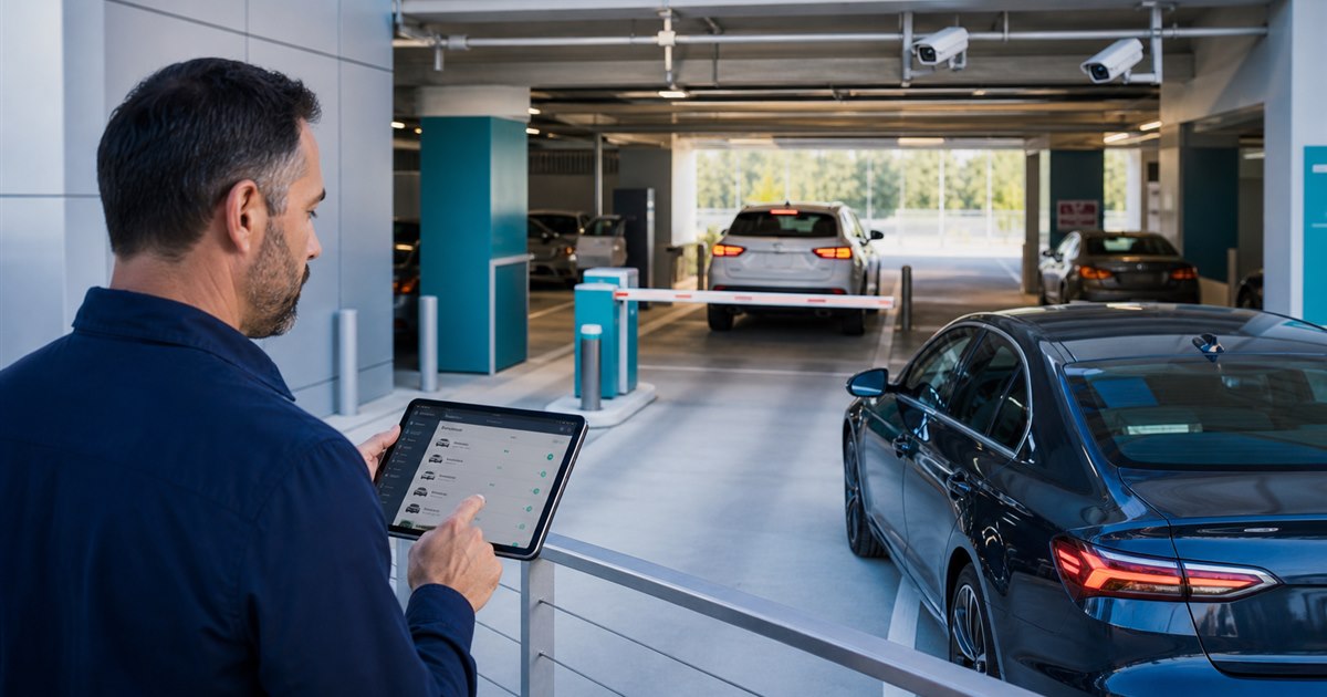 Monthly parking permits managed with tablet dashboard and license plate recognition in a garage