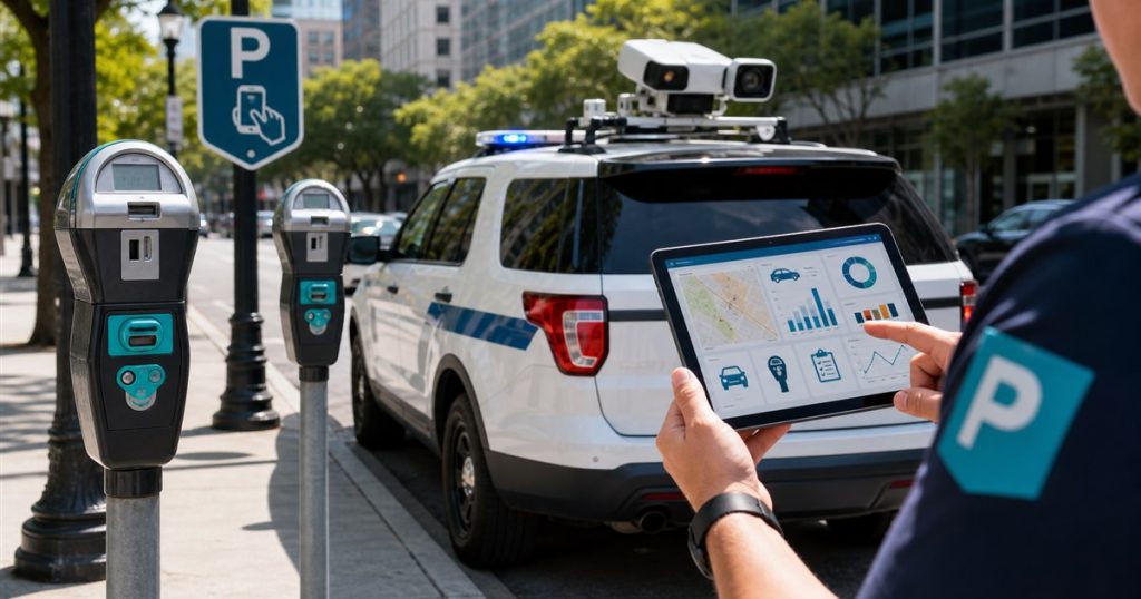 Municipal parking meters, enforcement vehicle, tablet dashboard, and LPR camera