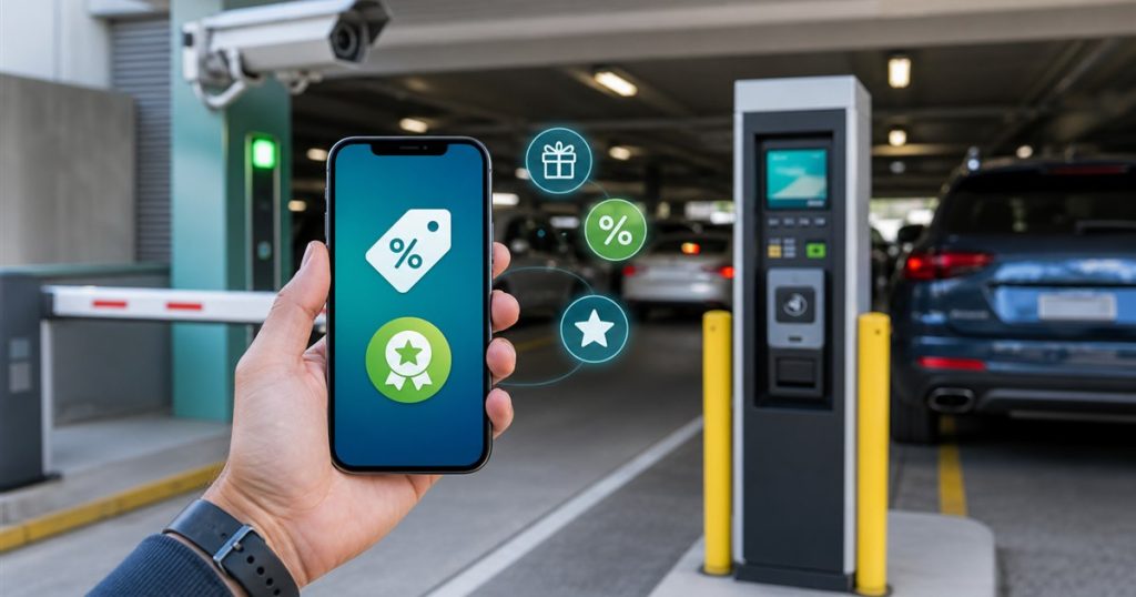 Mobile parking payment with discount and reward icons in a managed parking garage